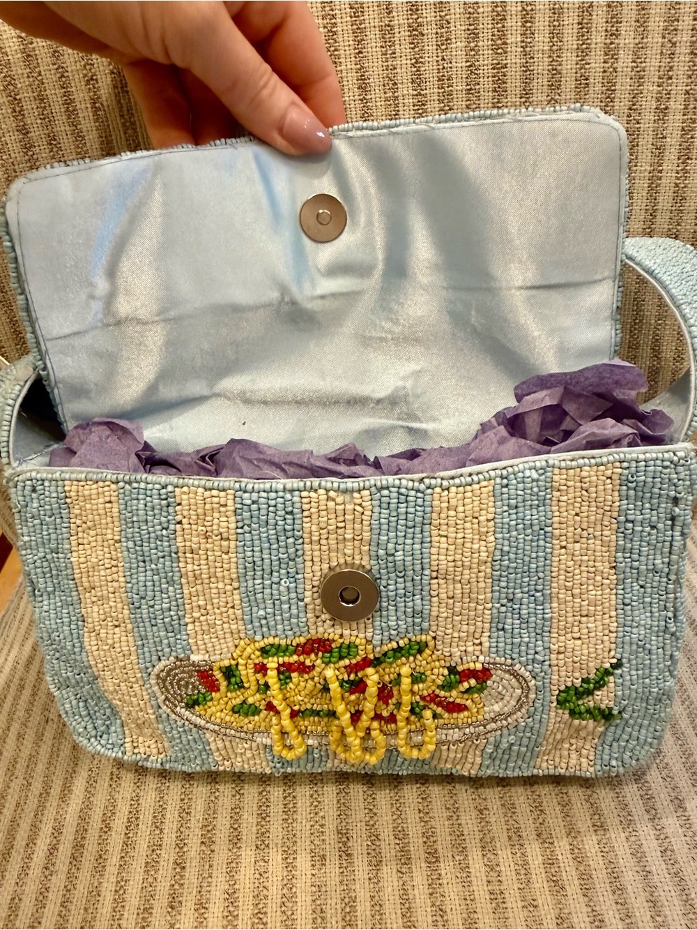 New Release Sol & Mer Beaded Bag Pasta Bowl & Fork in Light Blue and Cream - Picture 4 of 5